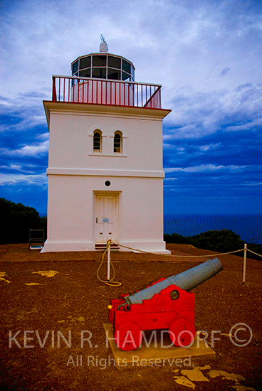 The Cape Borda Lighthouse is powered by a tungsten halogen type lamp (258,000 candelas with a range of 35 km) and shows a character of four flashes every twenty seconds (note the four separating shields which rotate around the central lamp).  Flinders Chase National Park, Kangaroo Island, South Australia.