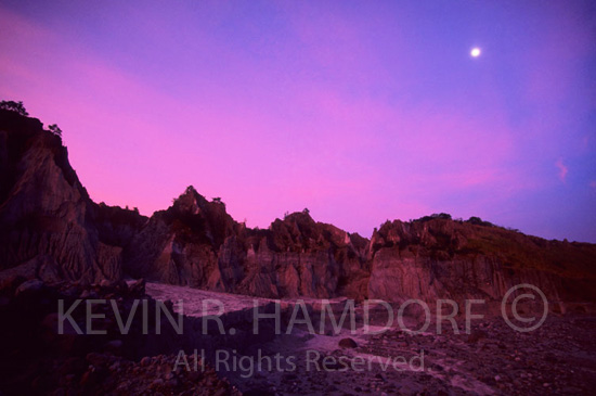 Full moon over Mt. Pinatubo volcanic Landscape, Maraunot River Valley, Zambales. Philippines