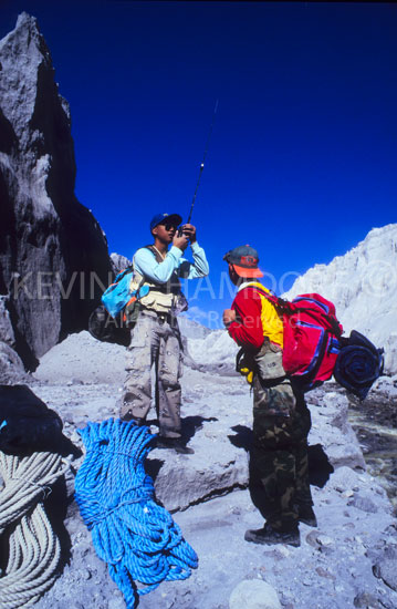 The expedition maintained radio contact with the support base at Clark Air Field - on one occasion calling for the helicopter evacuation of an injured climber.