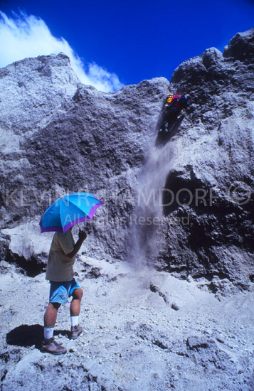 Massive deposits of volcanic ash constantly challenged the advance to the summit.